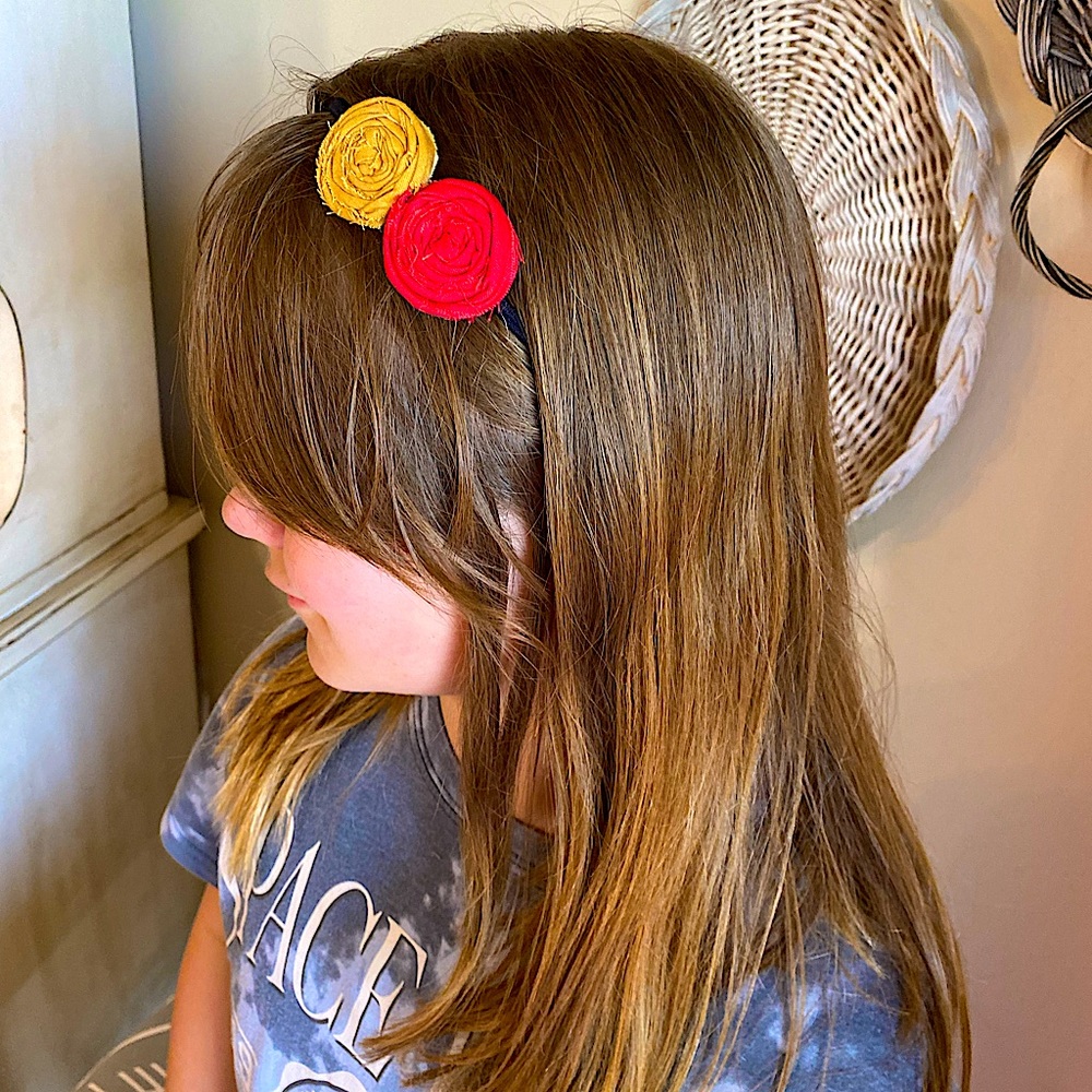 Rosette Red & Gold 8.5” Black Stretchy Headband